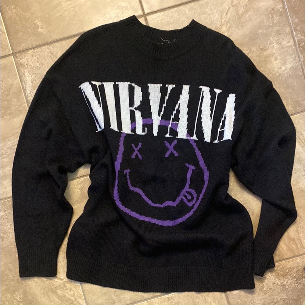 H&M divide nirvana black and purple crewneck sweater